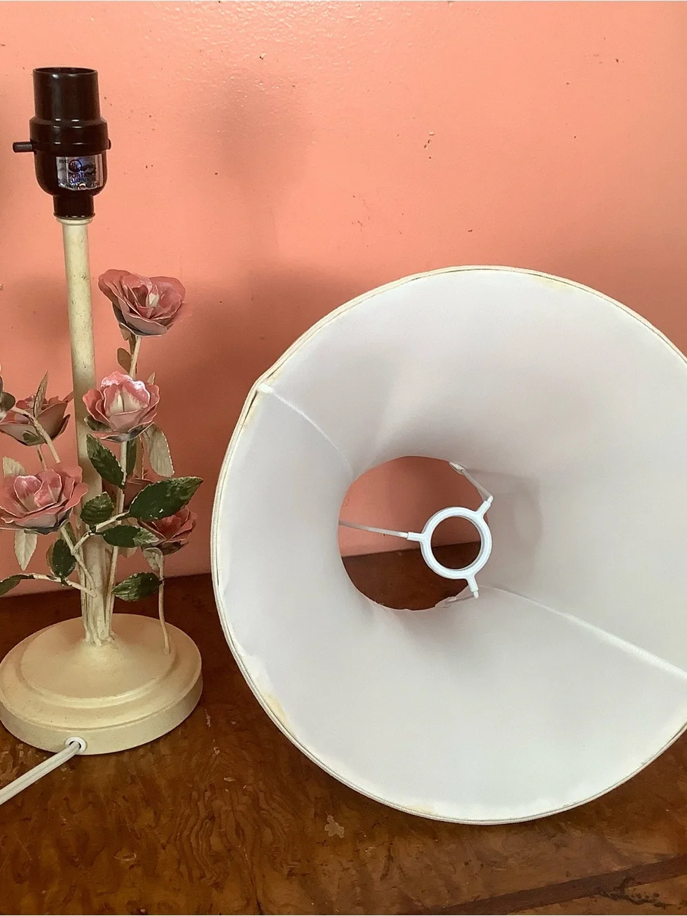 Vintage 2YK Cottage-Style Lamp 20” Metal Pink Roses With Fabric  Bell Shade